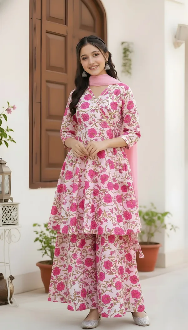 FELIZ_THE_DESIGNER_STUDIO_new_Pink_floral_print_alia_cut_top_and_sharara_set_Dress_for_girls