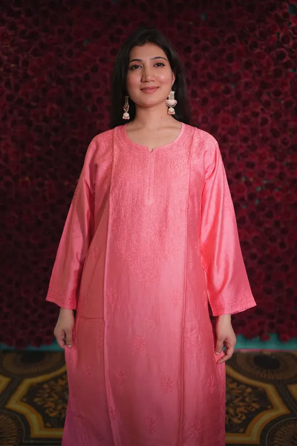 Coral_Pink_Chanderi_Kurti_For_Woman
