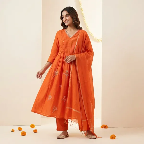 Orange_Pure_Mul_Chanderi_Anarkali_Suit_For_Women-(KURTI+PANT+DUPATTA)