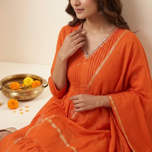 Orange_Pure_Mul_Chanderi_Anarkali_Suit_For_Women-(KURTI+PANT+DUPATTA)