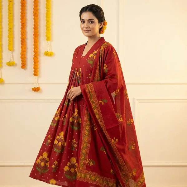 Red_Mul_Cotton_Suit_Set_For_Women_(KURTI+PANT+DUPATTA)