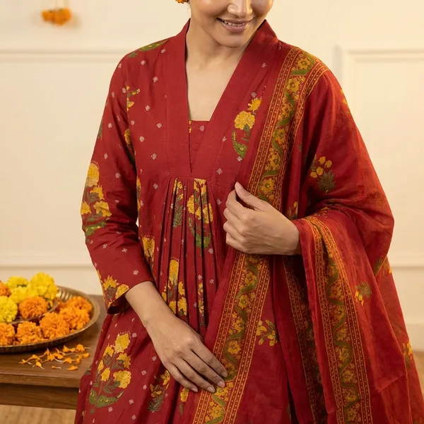 Red_Mul_Cotton_Suit_Set_For_Women_(KURTI+PANT+DUPATTA)