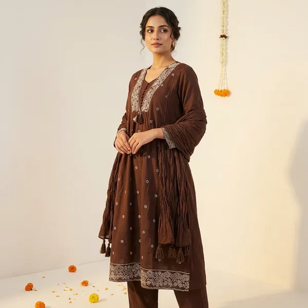 Brown_Mul_Chanderi_Suit_Set_For_Women-(KURTI+PANT+DUPATTA)