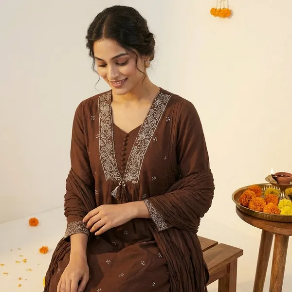 Brown_Mul_Chanderi_Suit_Set_For_Women-(KURTI+PANT+DUPATTA)