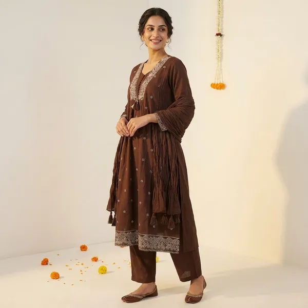 Brown_Mul_Chanderi_Suit_Set_For_Women-(KURTI+PANT+DUPATTA)