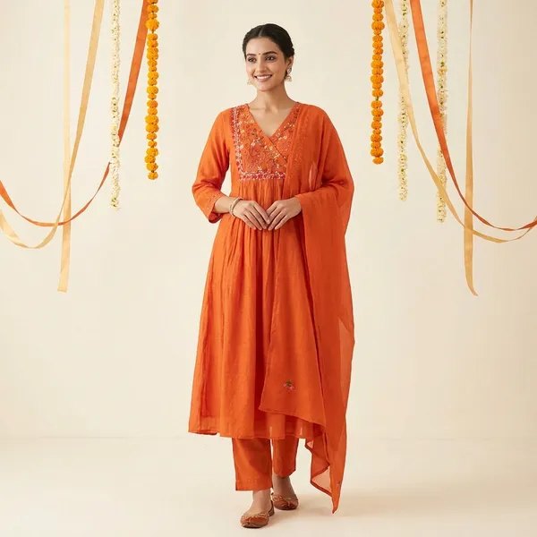 Orange_Pure_Mul_Chanderi_Anarkali_For_Women-(KURTI+PANT+DUPATTA)