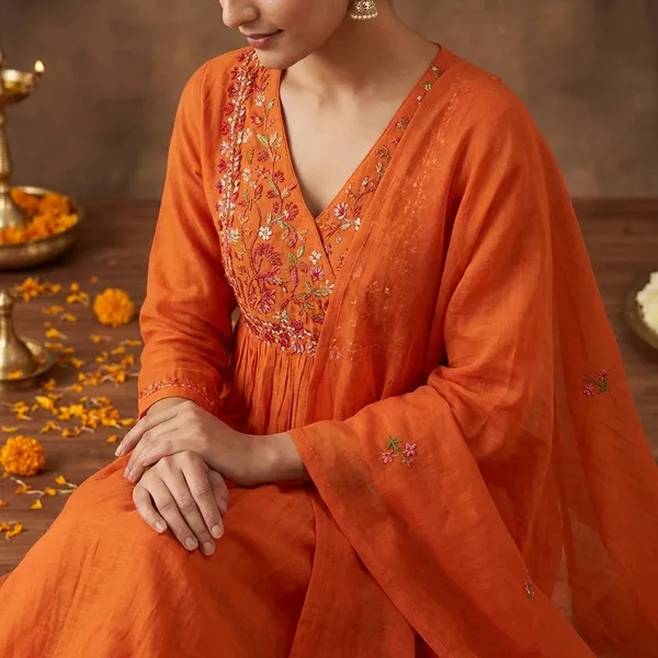 Orange_Pure_Mul_Chanderi_Anarkali_For_Women-(KURTI+PANT+DUPATTA)