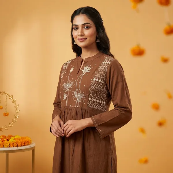 Brown_Pure_Mul_Chanderi_Suit_Set_For_Women-(KURTI+PANT+DUPATTA)
