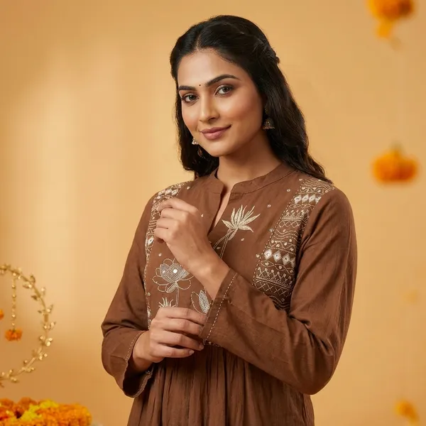 Brown_Pure_Mul_Chanderi_Suit_Set_For_Women-(KURTI+PANT+DUPATTA)