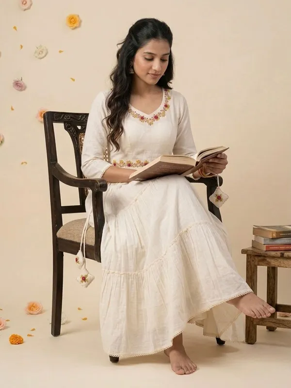 OFF_White_Khadi_CottonAnarkali_Style_Kurti_For_Women