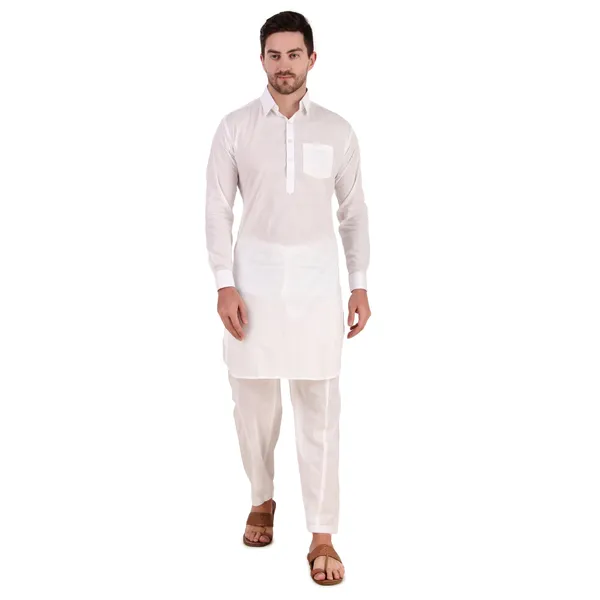 White_Cotton_Pathani_Suit_Kurta_Pajama_Set_For_Men