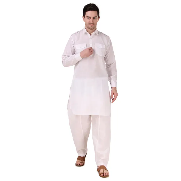 White_Cotton_Pathani_Suit_Kurta_Pajama_Set_For_Men