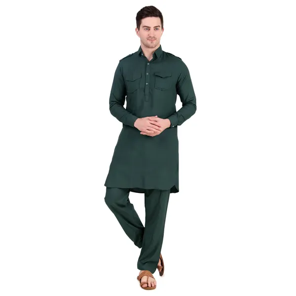 Olive_Cotton_Pathani_Suit_Kurta_Pajama_Set_For_Men