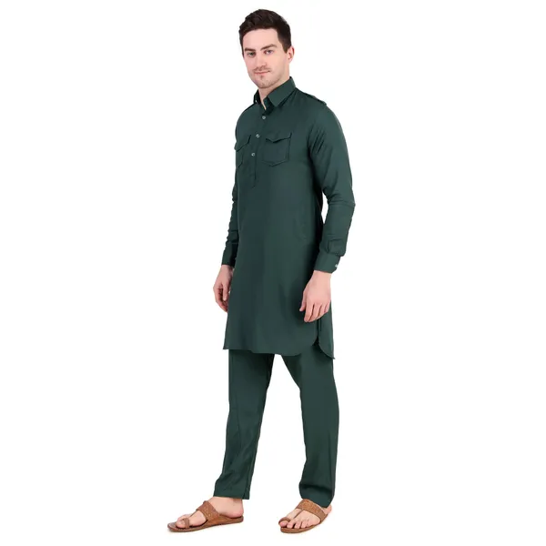 Olive_Cotton_Pathani_Suit_Kurta_Pajama_Set_For_Men