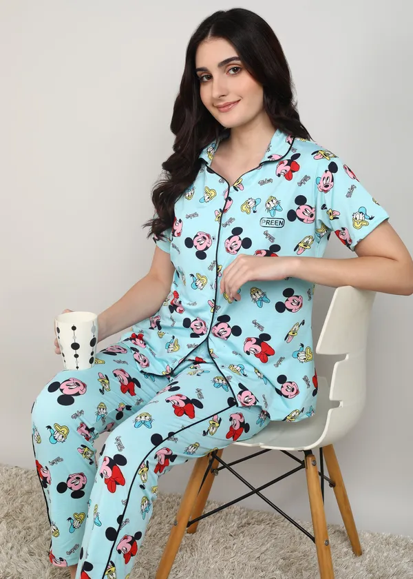 Blue_Polyester_Shirt_Pajama_Set_For_Women