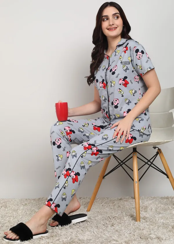 Grey_Polyester_Shirt_Pajama_Set_For_Women