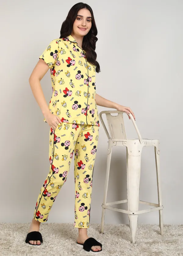 Yellow_Polyester_Shirt_Pajama_Set_For_Women