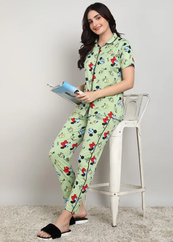 Green_Polyester_Shirt_Pajama_Set_For_Women