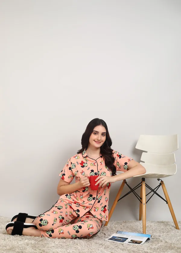 Orange_Polyester_Shirt_Pajama_Set_For_Women