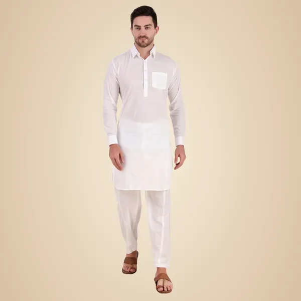 White_Cotton_Pathani_Suit_Kurta_Pajama_Set_For_Men