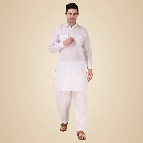 White_Cotton_Pathani_Suit_Kurta_Pajama_Set_For_Men