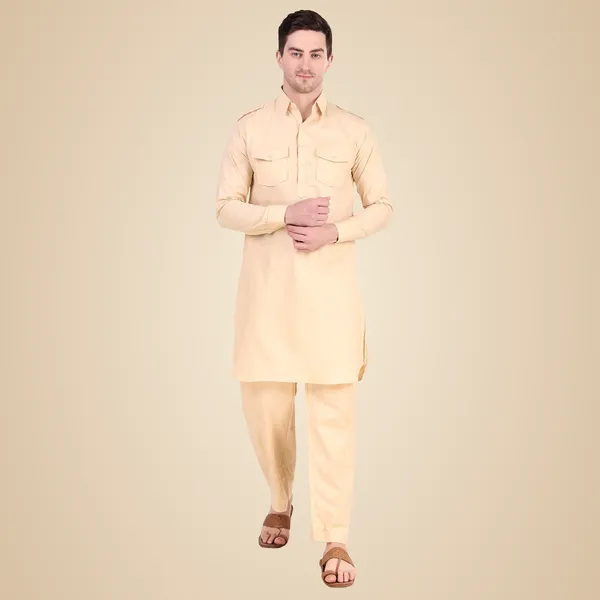Beige_Cotton_Pathani_Suit_Kurta_Pajama_Set_For_Men