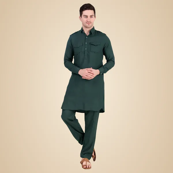 Olive_Cotton_Pathani_Suit_Kurta_Pajama_Set_For_Men