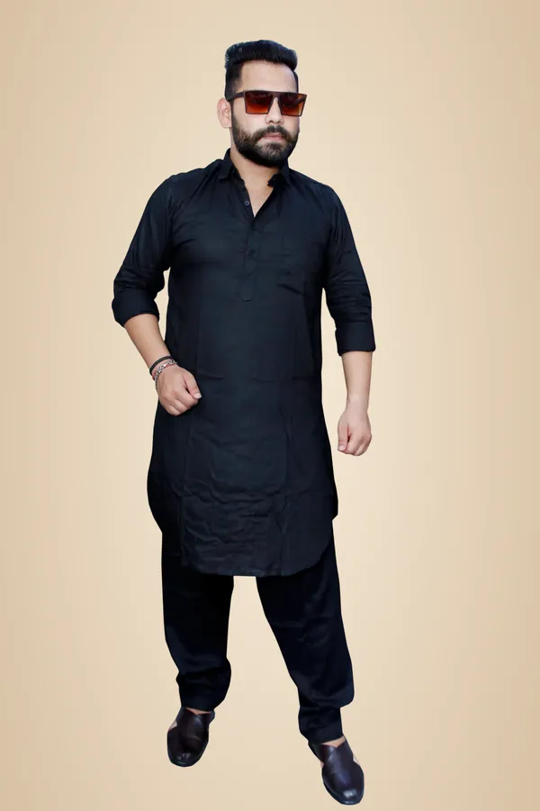 Black_Cotton_Pathani_Suit_Kurta_Pajama_Set_For_Men