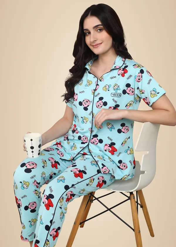 Blue_Polyester_Shirt_Pajama_Set_For_Women