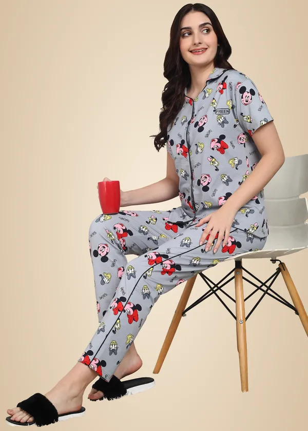 Grey_Polyester_Shirt_Pajama_Set_For_Women