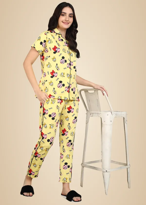Yellow_Polyester_Shirt_Pajama_Set_For_Women