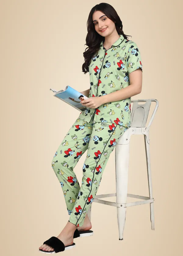 Green_Polyester_Shirt_Pajama_Set_For_Women
