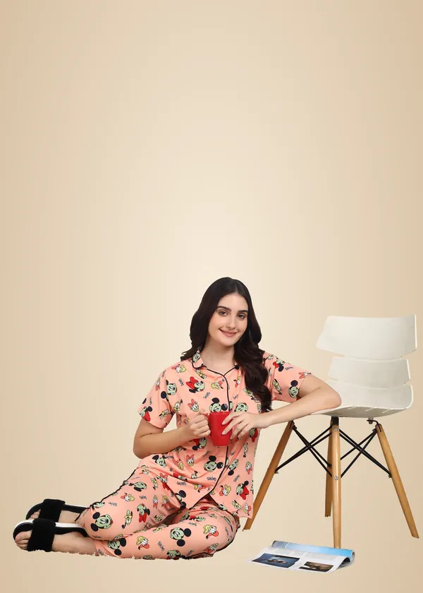 Orange_Polyester_Shirt_Pajama_Set_For_Women