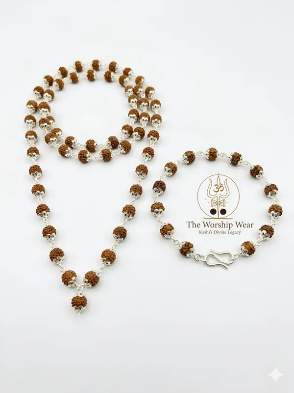 COMBO-Silver_Plated_Elegant_Rudraksha_Mala_and_Bracelet_with_Lab_Certification_-_The_Worship_Wear