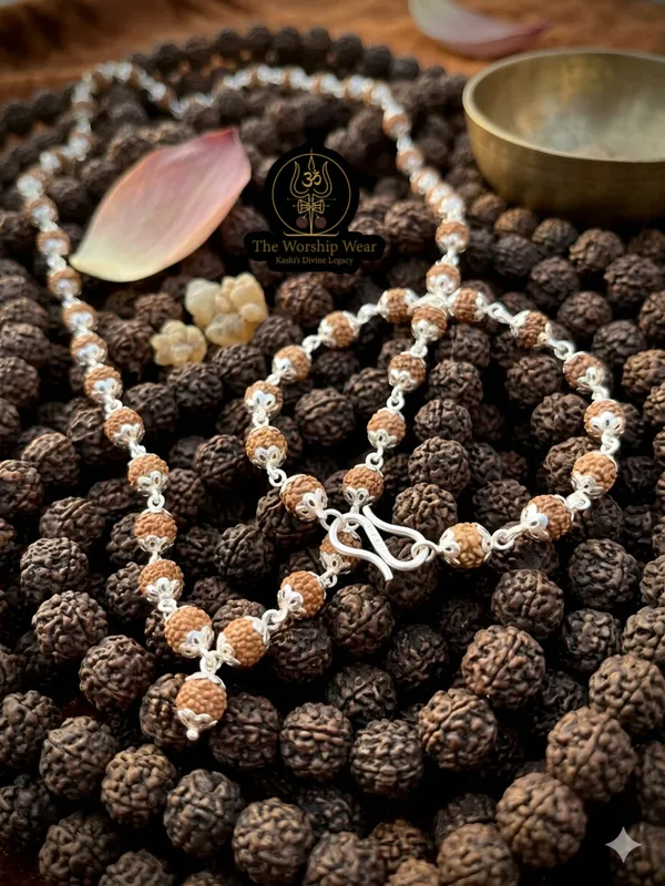 COMBO-Silver_Plated_Elegant_Rudraksha_Mala_and_Bracelet_with_Lab_Certification_-_The_Worship_Wear