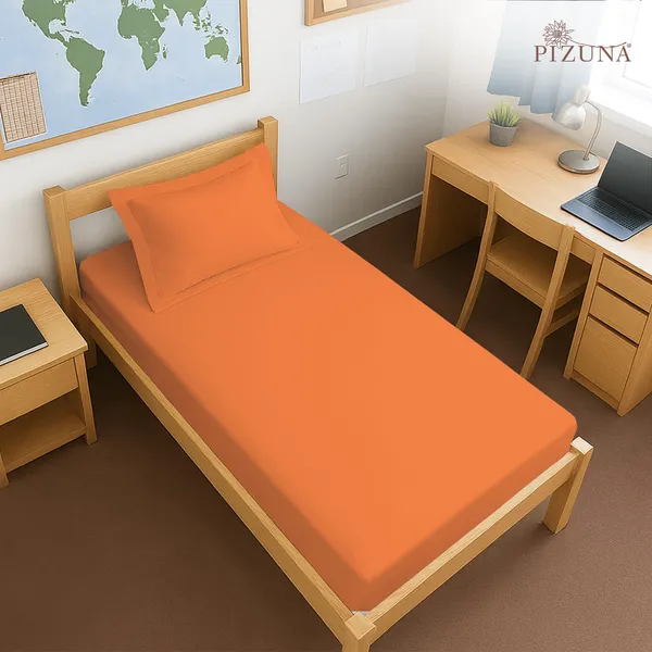 Pizuna_100%_Cotton_Solid_Burnt_Orange_Single_Fitted_Bedsheet_Set