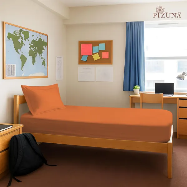 Pizuna_100%_Cotton_Solid_Burnt_Orange_Single_Fitted_Bedsheet_Set