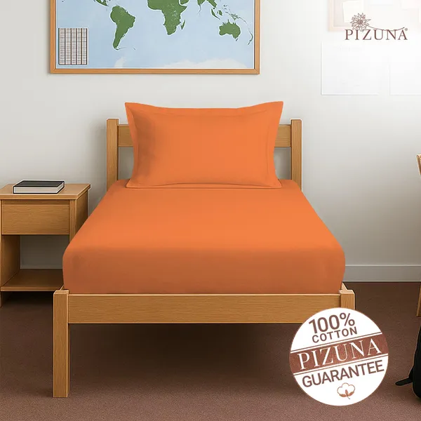 Pizuna_100%_Cotton_Solid_Burnt_Orange_Single_Fitted_Bedsheet_Set