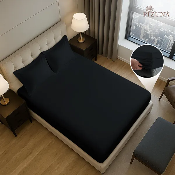 Pizuna_Cotton_Solid_Black_King_Fitted_Bedsheet