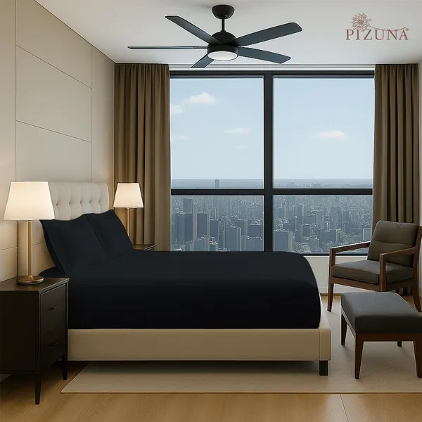 Pizuna_Cotton_Solid_Black_King_Fitted_Bedsheet