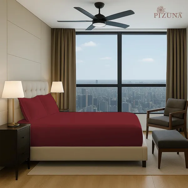 Pizuna_100%_Cotton_Solid_Rio_Red_King_Fitted_Bedsheet_Set