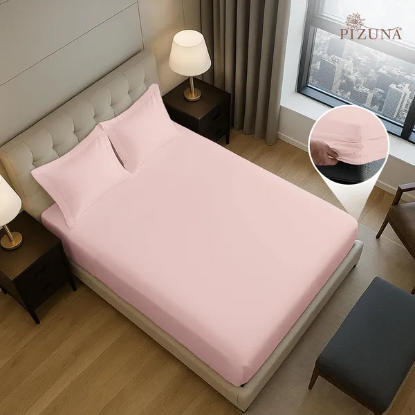 Pizuna_100%_Cotton_Solid_Light_Pink_Queen_Fitted_Bedsheet