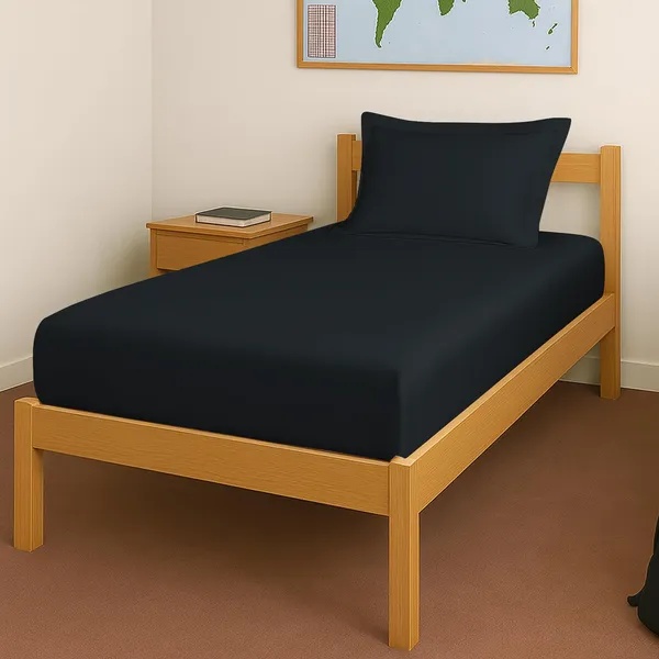 Pizuna_100%_Long_Staple_Cotton_Solid_Black_Single_Fitted_Bedsheet_Set