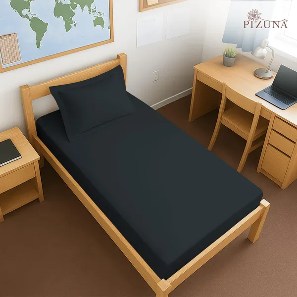 Pizuna_100%_Long_Staple_Cotton_Solid_Black_Single_Fitted_Bedsheet_Set
