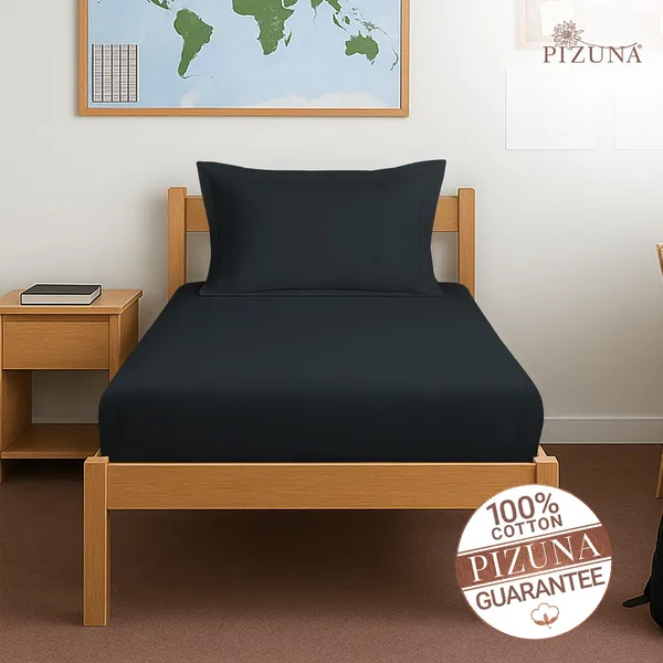 Pizuna_100%_Long_Staple_Cotton_Solid_Black_Single_Fitted_Bedsheet_Set