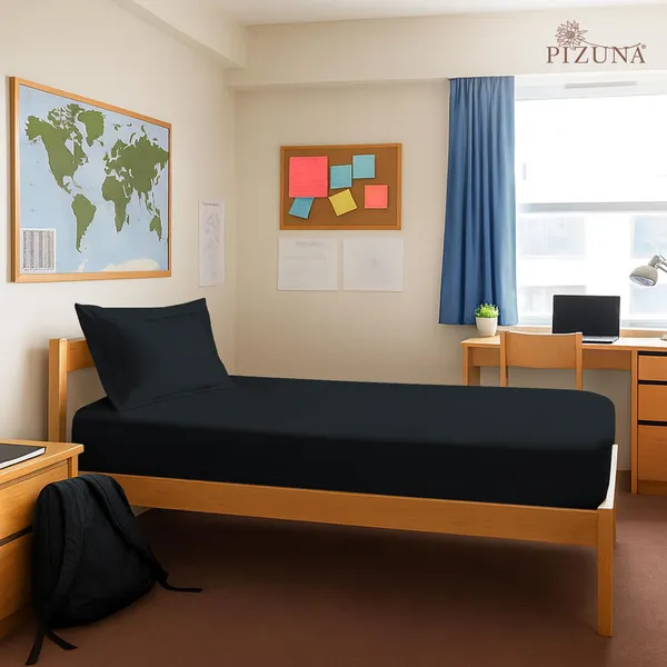 Pizuna_100%_Long_Staple_Cotton_Solid_Black_Single_Fitted_Bedsheet_Set