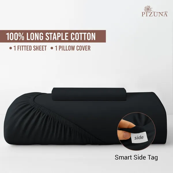 Pizuna_100%_Long_Staple_Cotton_Solid_Black_Single_Fitted_Bedsheet_Set