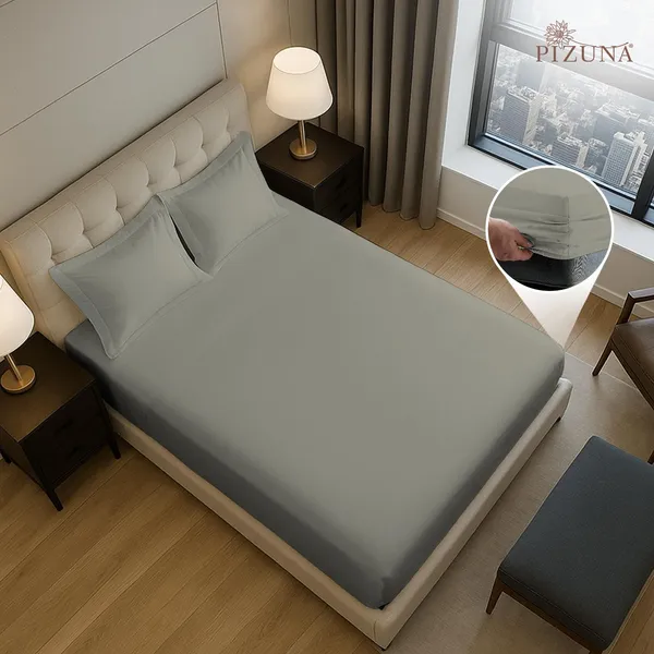 Pizuna_100%_Cotton_Solid_Silver_King_Fitted_Bedsheet