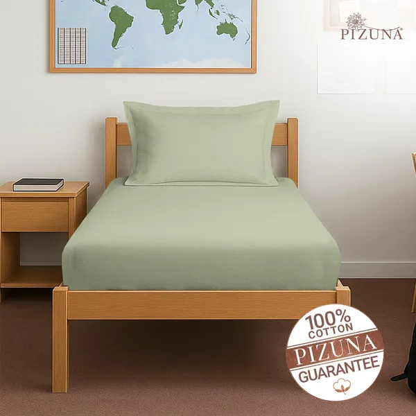 Pizuna_Cotton_Solid_Light_Sage_Single_Fitted_Bedsheet_With_Pillow_Cover