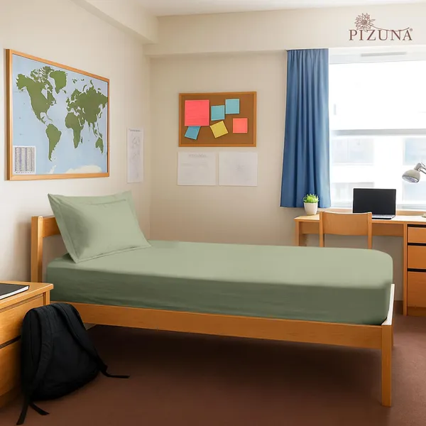 Pizuna_Cotton_Solid_Light_Sage_Single_Fitted_Bedsheet_With_Pillow_Cover